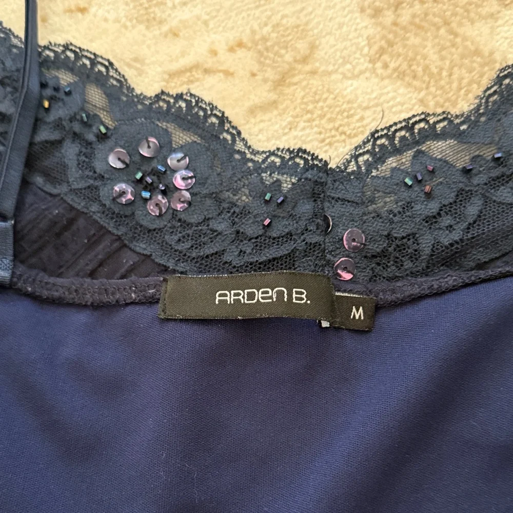🎁 free gift with any purchase!-Dark Blue Lace-Trim Spaghetti Strap Camisole Top - Picture 3 of 4